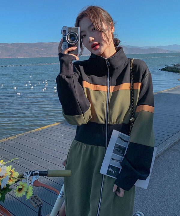 Color Block Zip-Up Long Dress