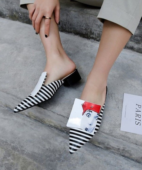 Striped Art Face Pointed Mules