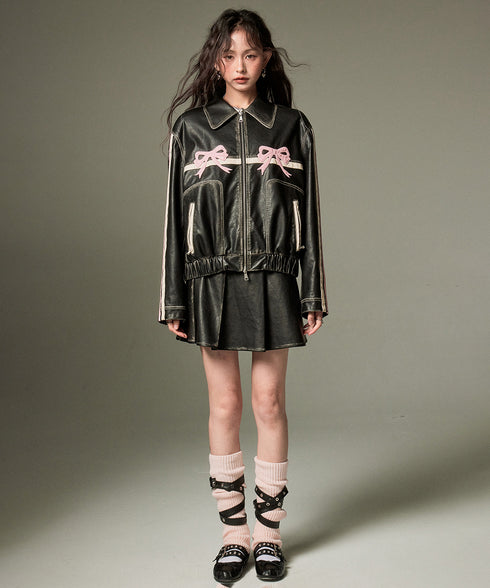 Ribbon Patchwork Faux Leather Jacket