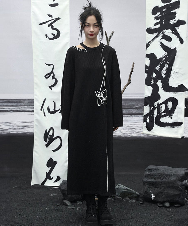 Line Art Embroidery Long Dress