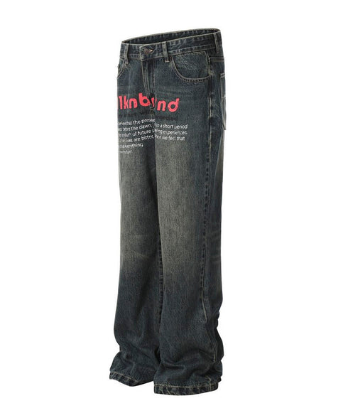 English Letter Print Denim Pants