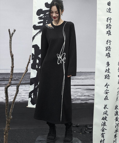 Line Art Embroidery Long Dress