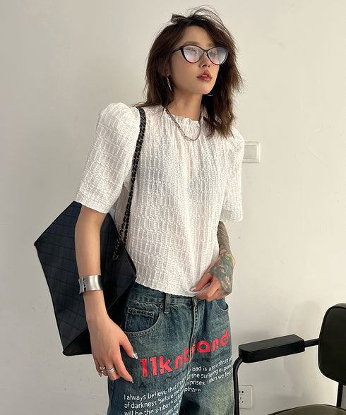 Puff Sleeve Ripple-fabric Top