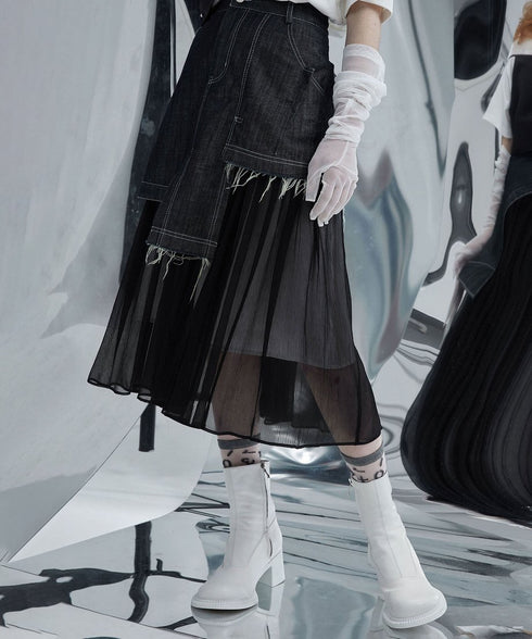 Hem Tulle Denim Skirt