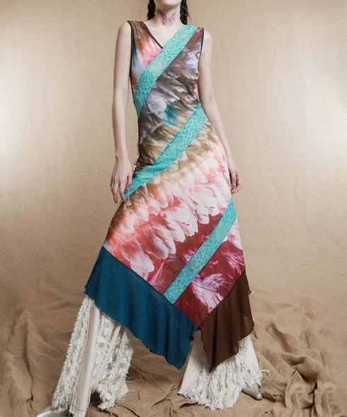 Feather Print Blocking Dress