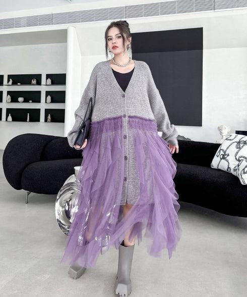 Ruffle Tulle Long Cardigan