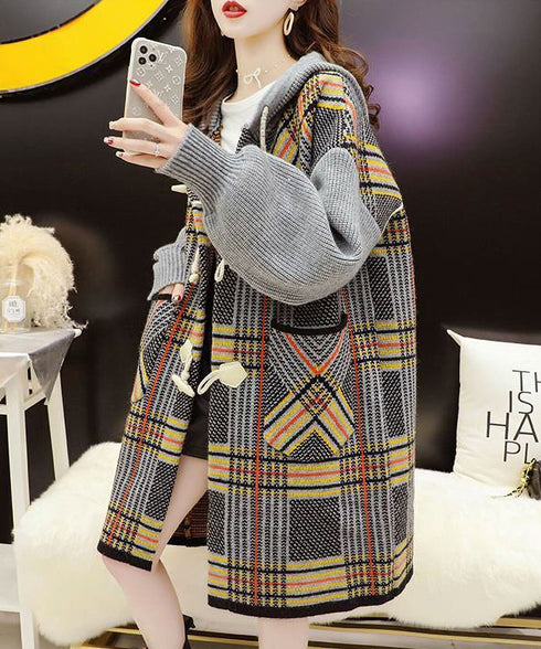 Plaid Patchwork Knit Hooded Jacket