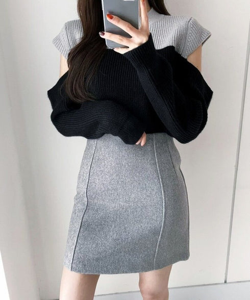 Two-Tone Shoulder Cutout Knit Top