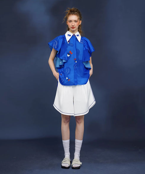 Blue Bird Ruffle Sleeve Blouse