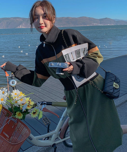 Color Block Zip-Up Long Dress