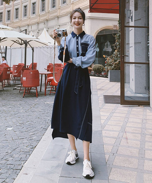 Two-Tone Pocket Shirt Dress