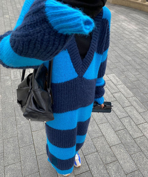 Striped V-neck Sweater Dress