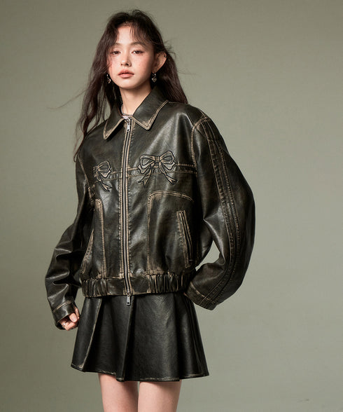 Ribbon Patchwork Faux Leather Jacket
