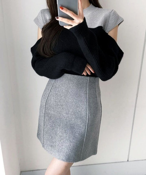 Two-Tone Shoulder Cutout Knit Top