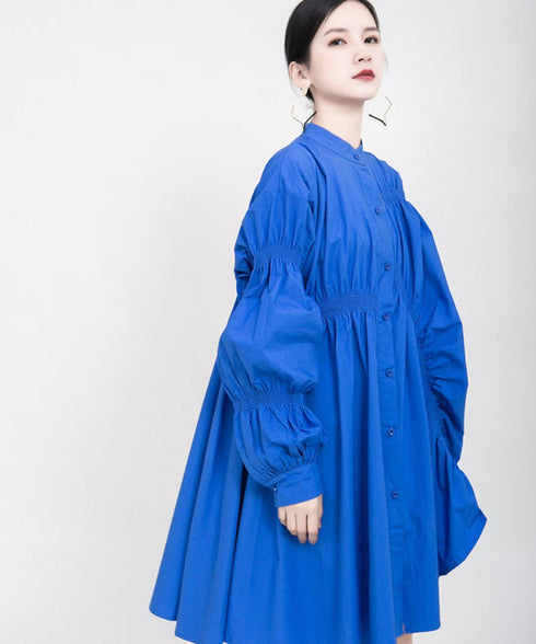 blue asymmetric pleated dress