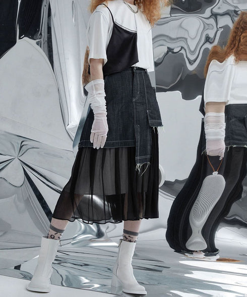 Hem Tulle Denim Skirt
