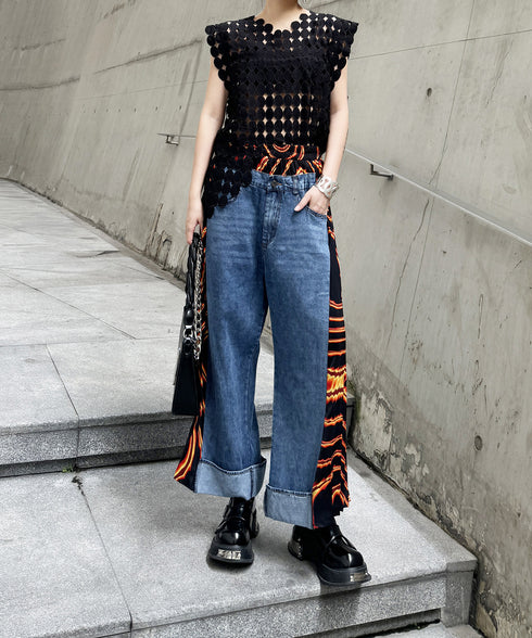 Side Pleated Denim Pants