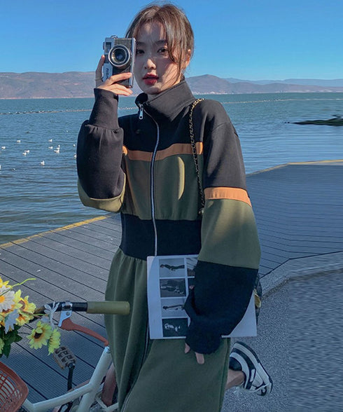 Color Block Zip-Up Long Dress