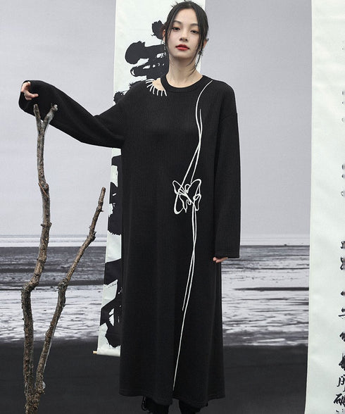 Line Art Embroidery Long Dress