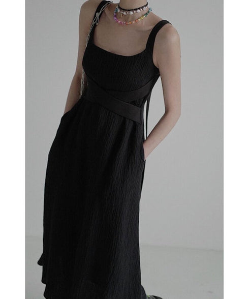 Crinkled Square Neck Long Dress