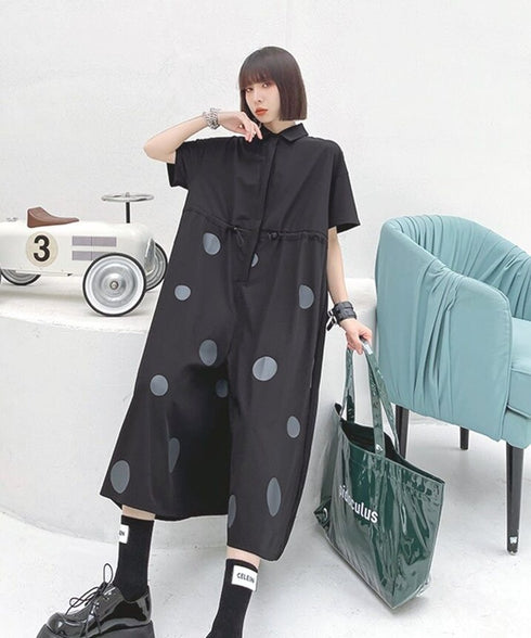 Polka Dot Drawstring Shirt Jumpsuit