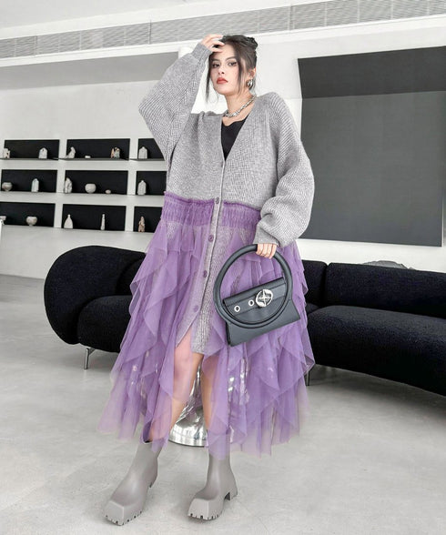 Ruffle Tulle Long Cardigan