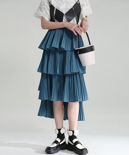Tiered Pleated Midi Skirt