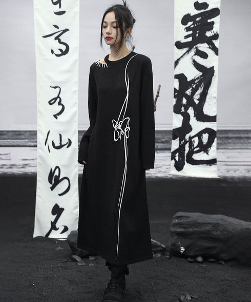 Line Art Embroidery Long Dress
