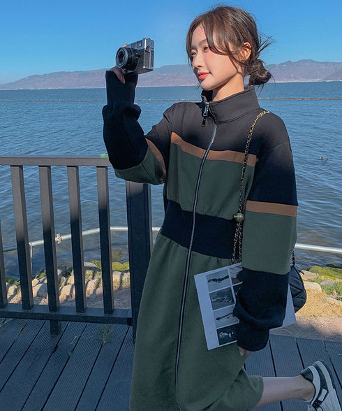 Color Block Zip-Up Long Dress