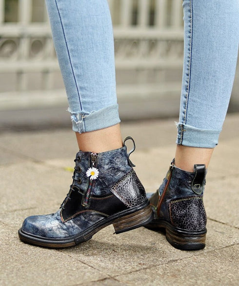 Vintage Patchwork Daisy Combat Boots