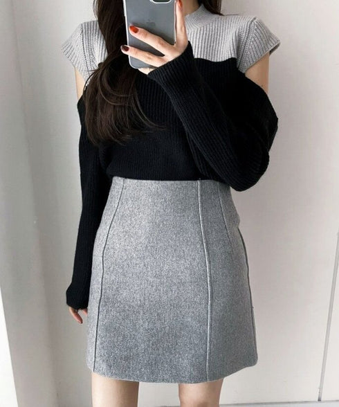 Two-Tone Shoulder Cutout Knit Top