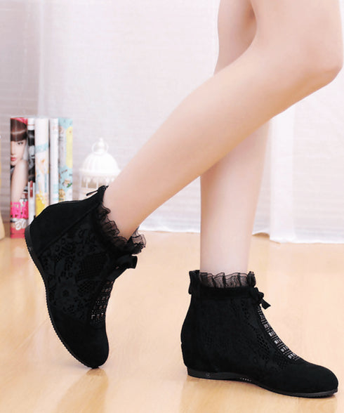 Lace Mesh Ribbon Flat Boots