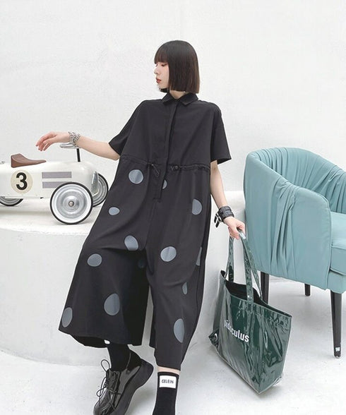 Polka Dot Drawstring Shirt Jumpsuit