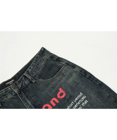 English Letter Print Denim Pants