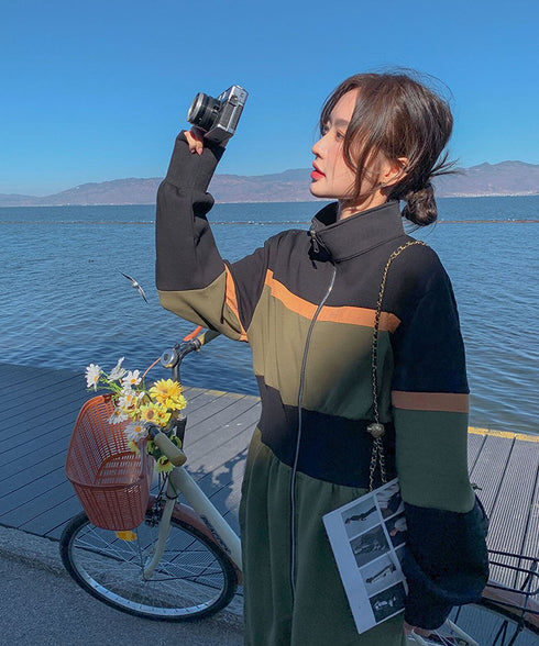 Color Block Zip-Up Long Dress