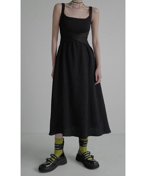 Crinkled Square Neck Long Dress