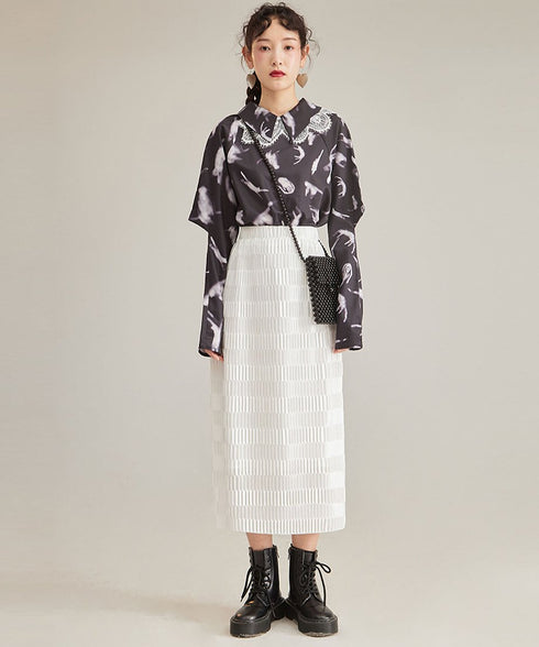 Feather Print Lace Collar Blouse