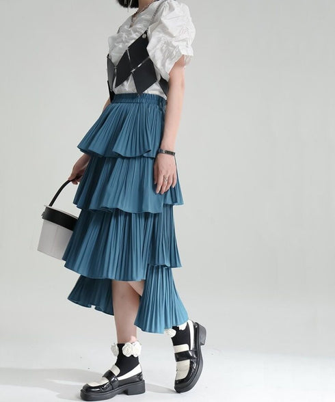Tiered Pleated Midi Skirt