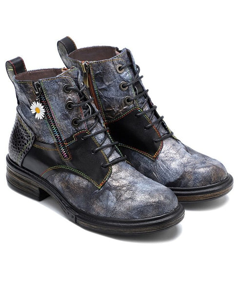 Vintage Patchwork Daisy Combat Boots