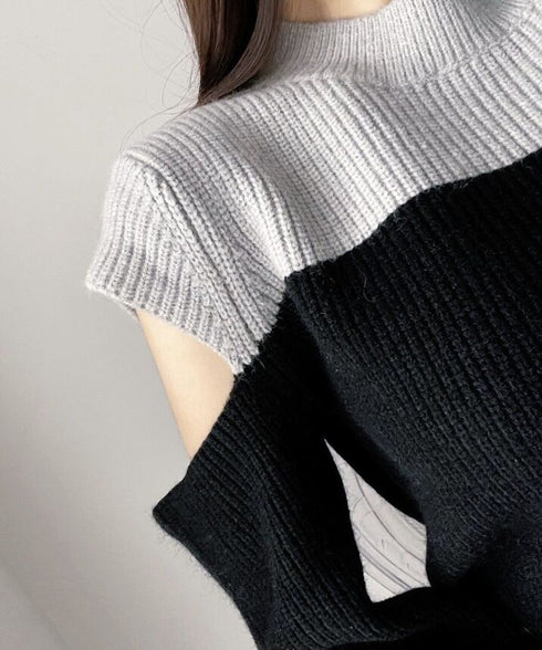 Two-Tone Shoulder Cutout Knit Top
