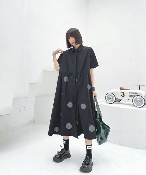 Polka Dot Drawstring Shirt Jumpsuit