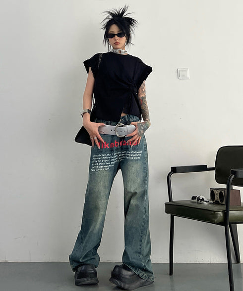 English Letter Print Denim Pants