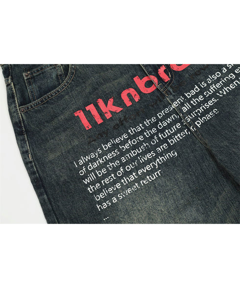 English Letter Print Denim Pants