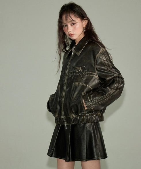 Ribbon Patchwork Faux Leather Jacket
