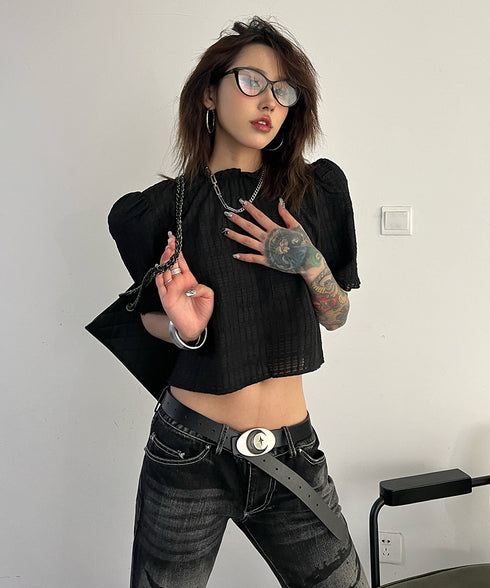 Puff Sleeve Ripple-fabric Top