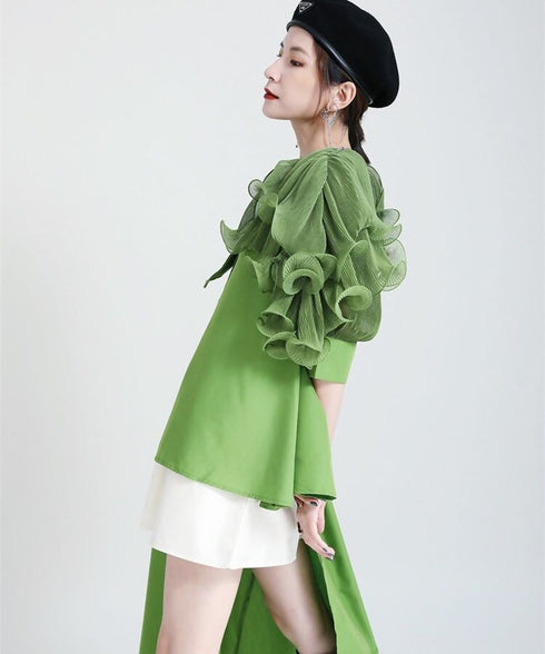 Ruffle Pleated Half Sleeve Blouse