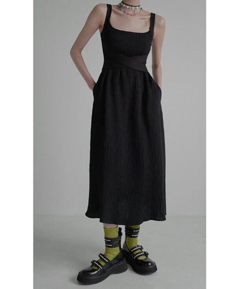 Crinkled Square Neck Long Dress