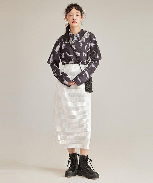 Feather Print Lace Collar Blouse