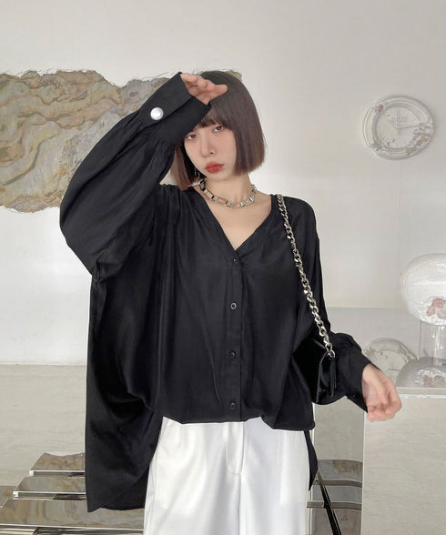 V-Neck Relaxed Satin Blouse