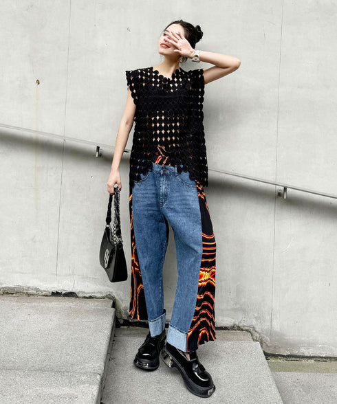 Side Pleated Denim Pants